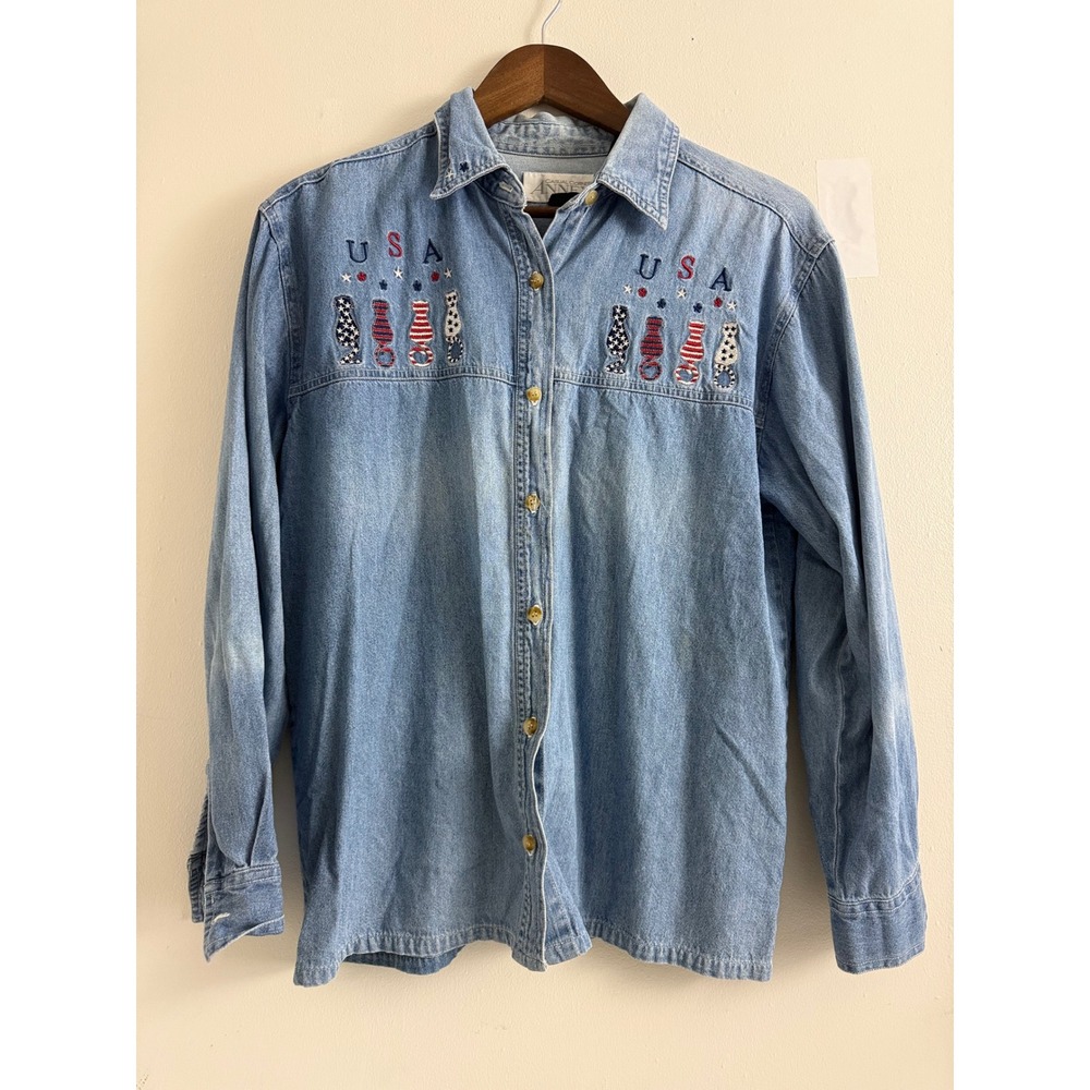 Casual Corner Annex Denim Shirt Womens Small USA Patriotic Cats Embroidered Blue